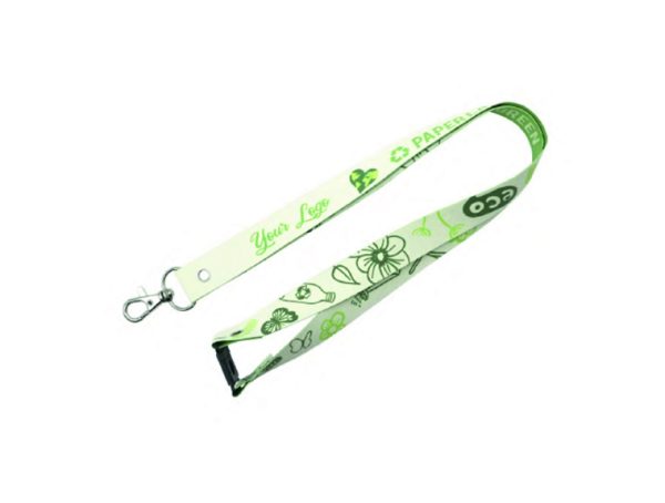 Lanyard papel sintético mosquetón y cierre seguridad