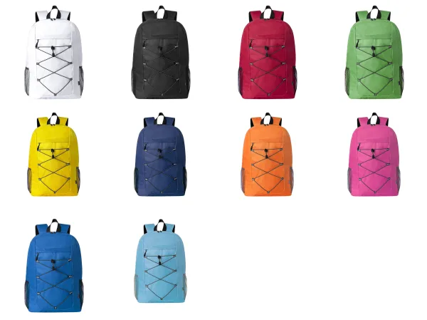 Mochila confeccionada en resistente 600D RPET. Cuenta con un bolsillo principal con cierre de cremallera, y doble tirador. Las cintas para los hombros son acolchadas y ajustables. Presenta bolsillos de rejilla en los laterales, así como cuerda elástica ajustable en el frontal. Disponible en una variada gama de colores con accesorios en negro. Logotipo RPET en etiqueta exterior. El material RPET se elabora a partir de plástico reciclado, para así fomentar la reutilización de residuos plásticos y ayudar a la sostenibilidad del planeta. Parte Trasera y Cintas Acolchadas colores